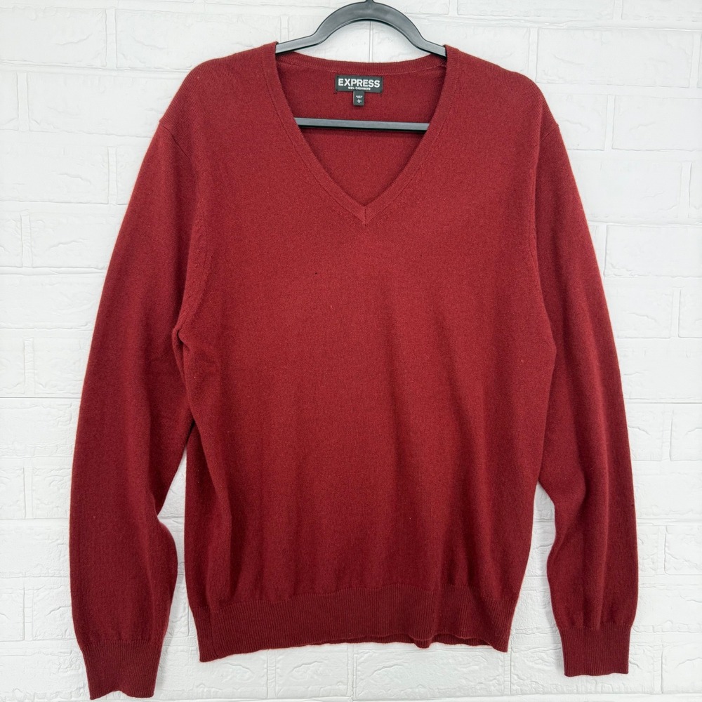 Express V-Neck Sweater Mens Large Burgundy 100% Cashmere Knit Preppy Pullover